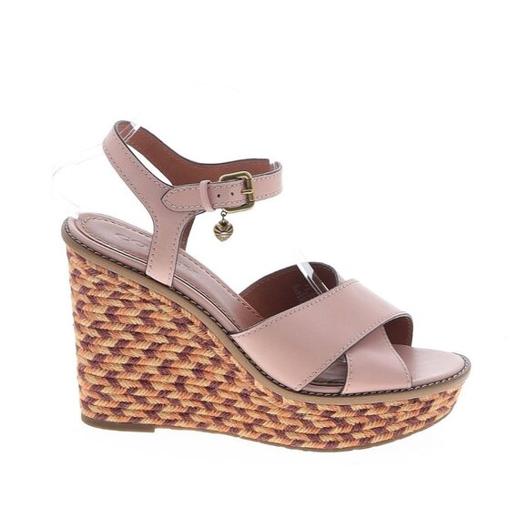 Coach Blush Leather Tan Cross Band High Wedge Espadrilles Sandals Sz 10B - Picture 1 of 2